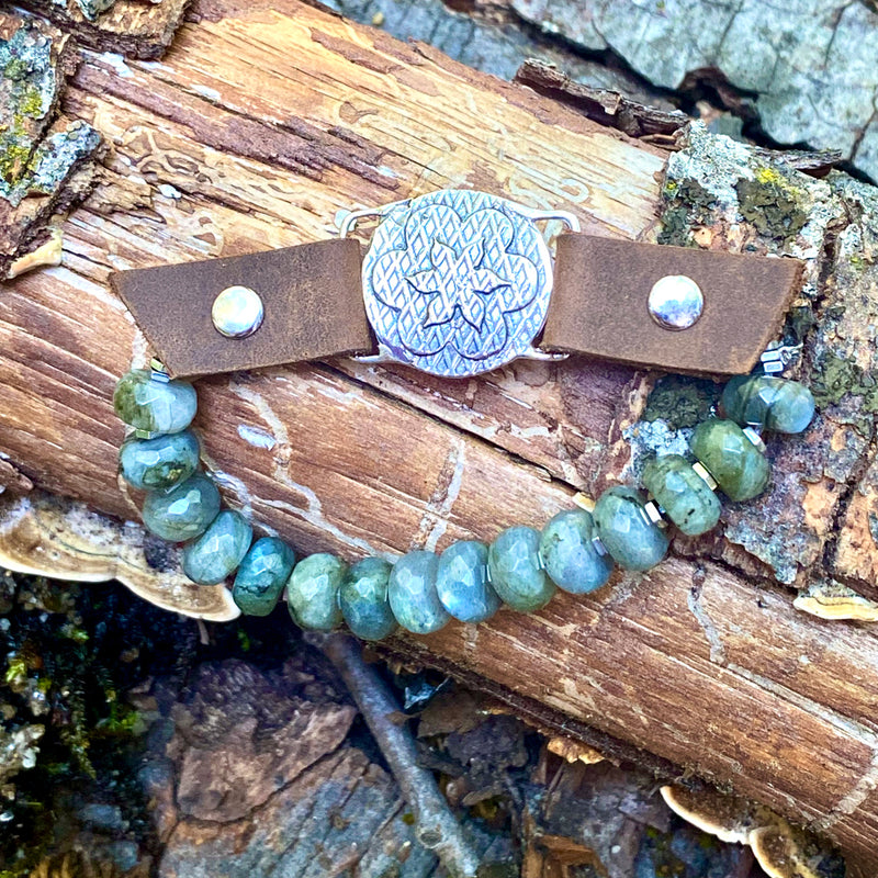 "I Choose Happiness" Labradorite and Leather Visualization Bracelet with Sunshine Energy Lotus Flower Centerpiece