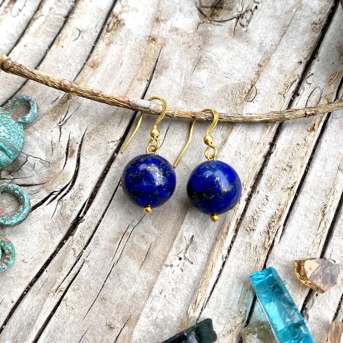 Blue Marble Ocean Blue Gratitude Earrings Set with Lapis Lazuli Earth Symbol Pendant - Gold