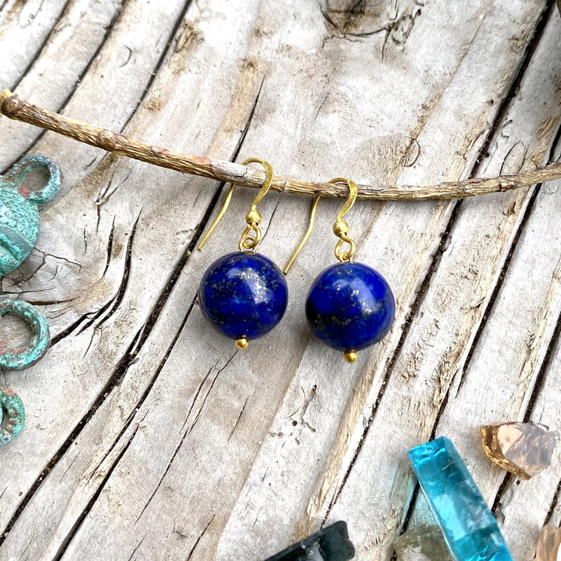 Blue Marble Ocean Blue Gratitude Gold Plated Earrings with Lapis Lazuli Earth Symbol