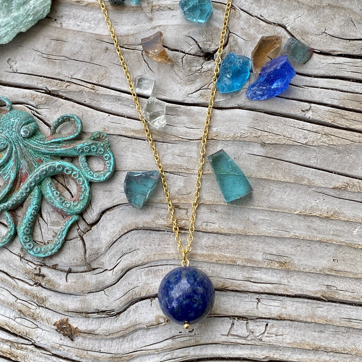 Blue Marble Ocean Blue Gratitude Gold Plated Necklace with Lapis Lazuli Earth Symbol Pendant