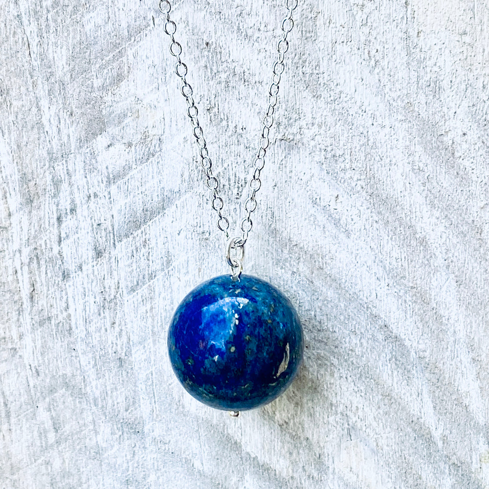 Blue Marble Ocean Blue Gratitude Silver Necklace with Lapis Lazuli Earth Pendant