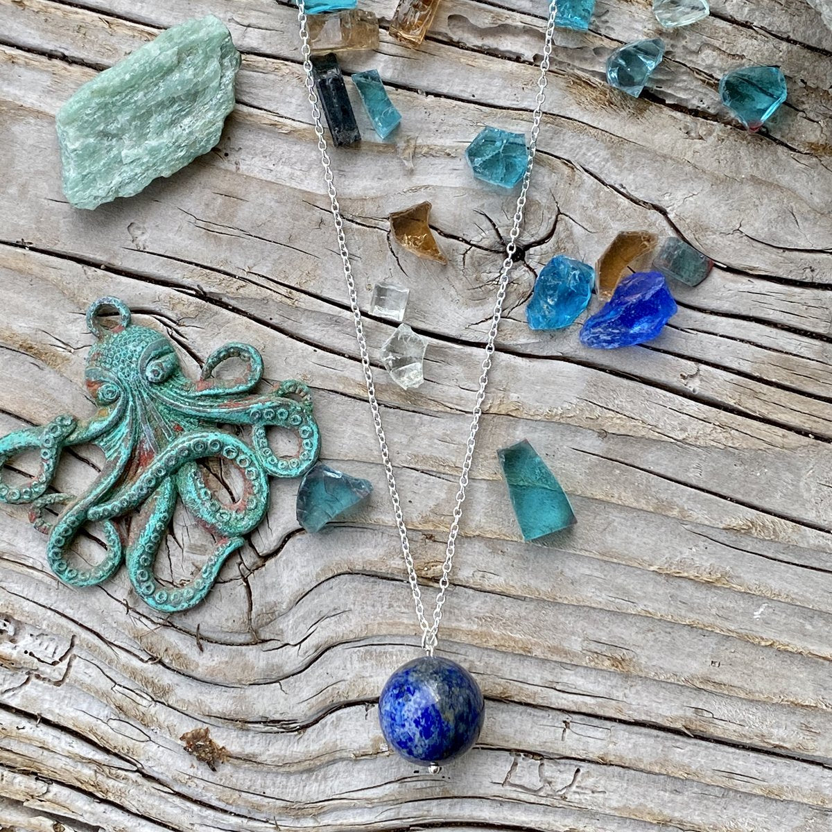 Blue Marble Ocean Blue Gratitude Silver Necklace with Lapis Lazuli Earth Symbol Pendant