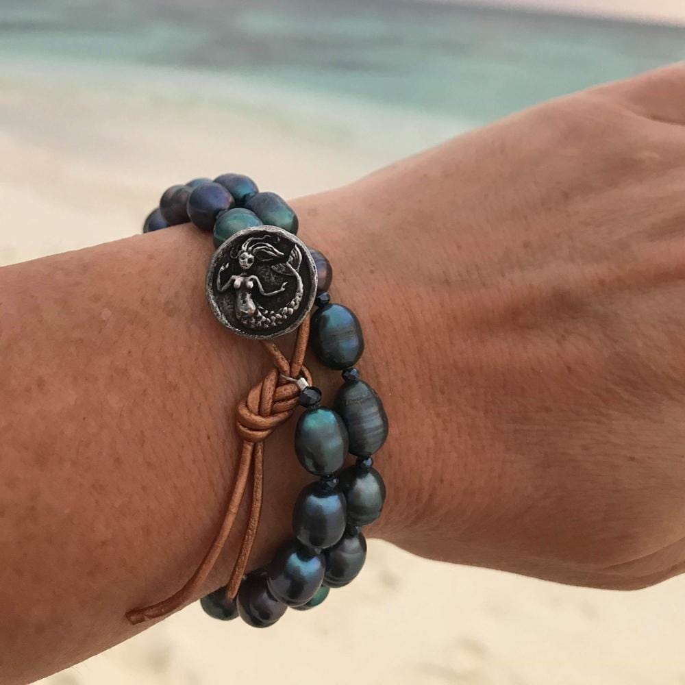 Mermaid Soul - Fresh Water Pearl and Leather Wrap Bracelet with Mermaid Button