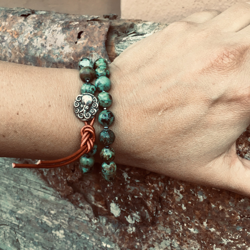 Turquoise wrap bracelet- african green turquoise on black brown buying leather- beaded leather 5 wrap