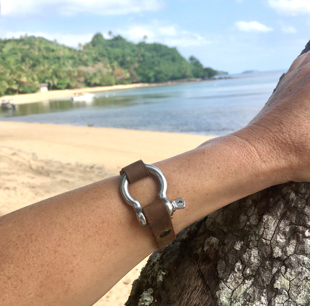 Leather Bracelet for Perseverance with nautical style shackle