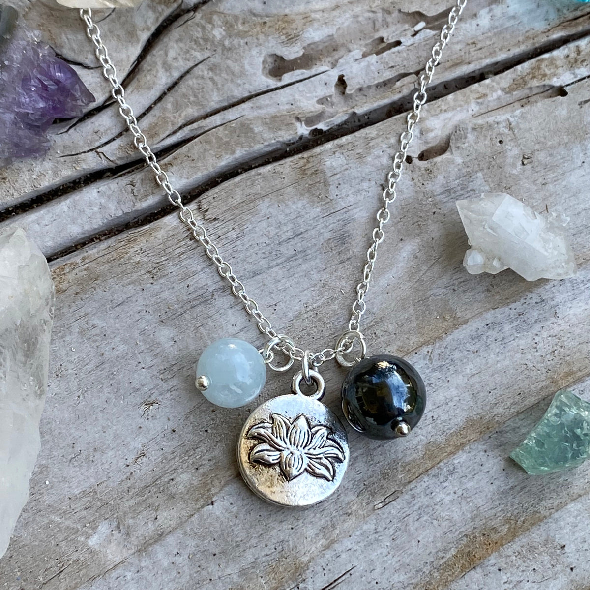 Lotus Charm Necklace with with Hematite and Aquamarine