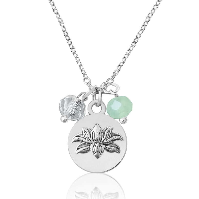 Lotus Charm Necklace with Ocean Green Foam and Clear Crystals