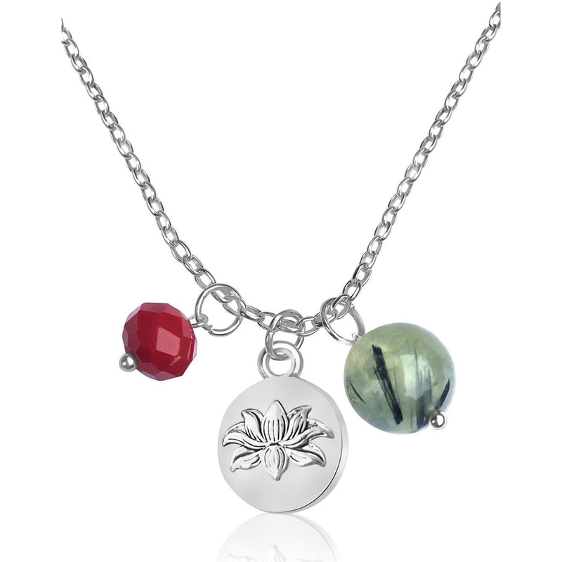 Yoga Inspired Lotus Flower Charm Necklace with Prehnite and a Red Crystal for Self-Regeneration
