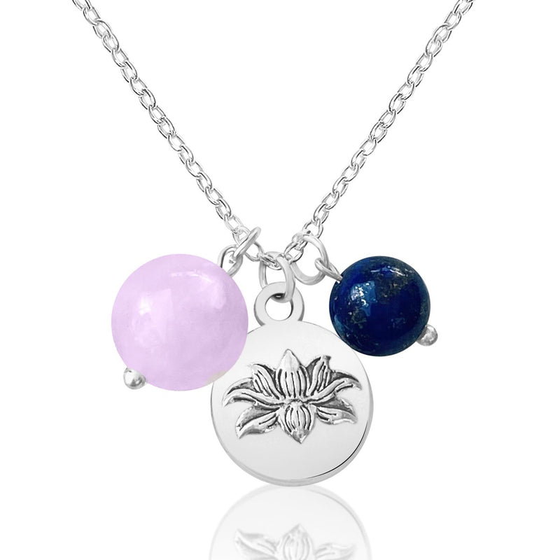 Lotus Charm Necklace with Rose Quartz and Lapis Lazuli