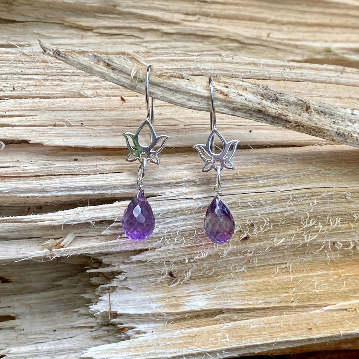 Sterling Silver Calming and Stress Relief Amethyst Lotus Flower Earrings. Amethyst is the best crystal for stress.