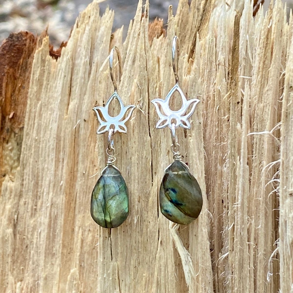 Labradorite Crystal Earrings with Lotus Flower for a Positive Change in Your Life. Best crystal for positivity. 