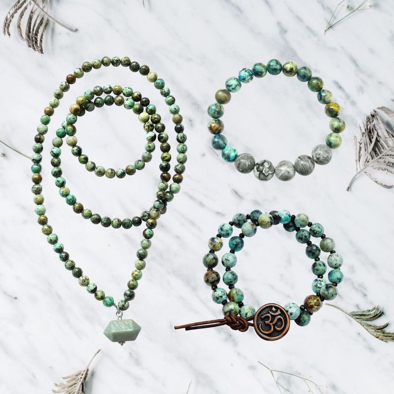 Self-Realization Set: Manifest Good Fortune with African Turquoise - Unisex African Turquoise Necklace with Amazonite for Self-Expression, Turquoise Wrap Bracelet with an Ohm button to Promote Self-Realization. 
