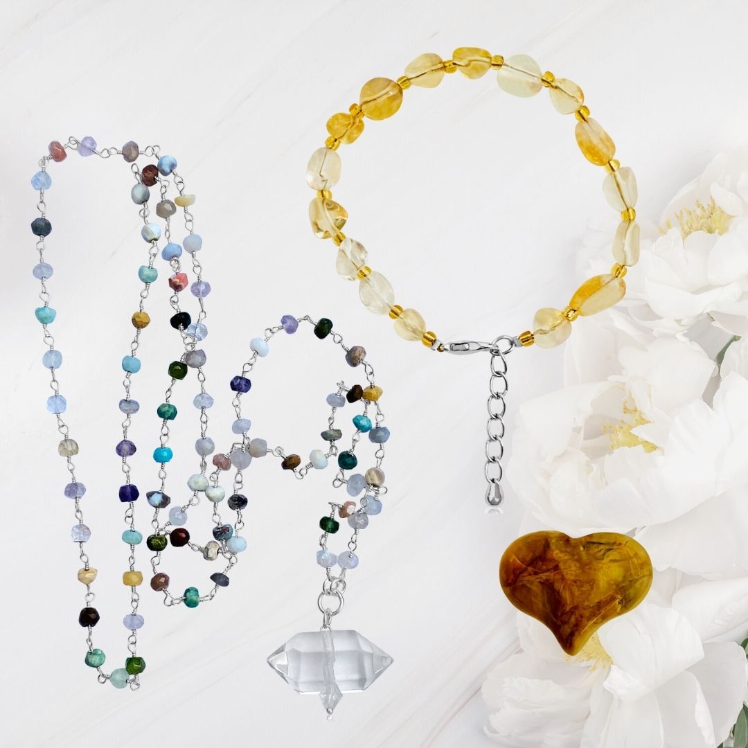 Spiritual Jewelry Set: Mother Earth Necklace with the Best Healing Crystals for a Happy Life, Citrine Bracelet to Bring Optimism into Your Life.  Buy them together and get a Bonus Petrified Wood Gemstone Heart.
