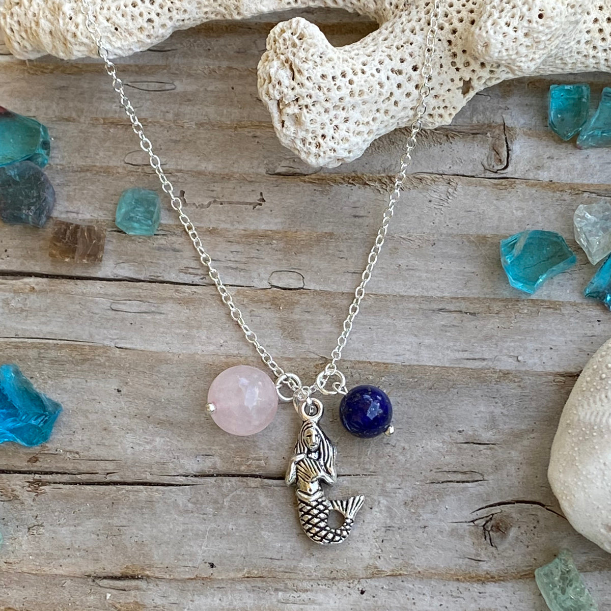 Ocean Inspired Mermaid Charm Necklace with Rose Quartz and Lapis Lazuli