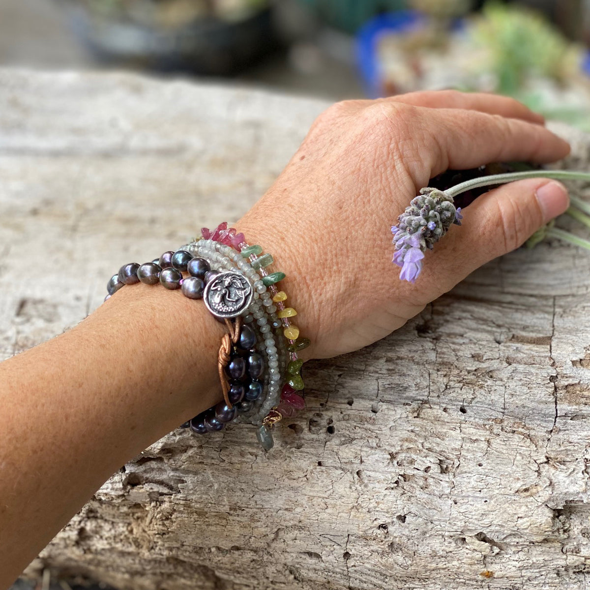 Ocean inspired jewelry: Mermaid Soul Bracelet Combo - Fresh Water Pearl and Leather Wrap Bracelet with Mermaid Button, Emotional Healing Rainbow Chakra Tourmaline Bracelet for Self Love, Labradorite Wrap Bracelet for a Positive Change in Your Life.