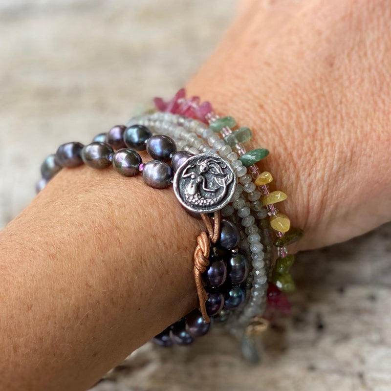 Ocean inspired jewelry: Mermaid Soul Bracelet Combo - Fresh Water Pearl and Leather Wrap Bracelet with Mermaid Button, Emotional Healing Rainbow Chakra Tourmaline Bracelet for Self Love, Labradorite Wrap Bracelet for a Positive Change in Your Life.