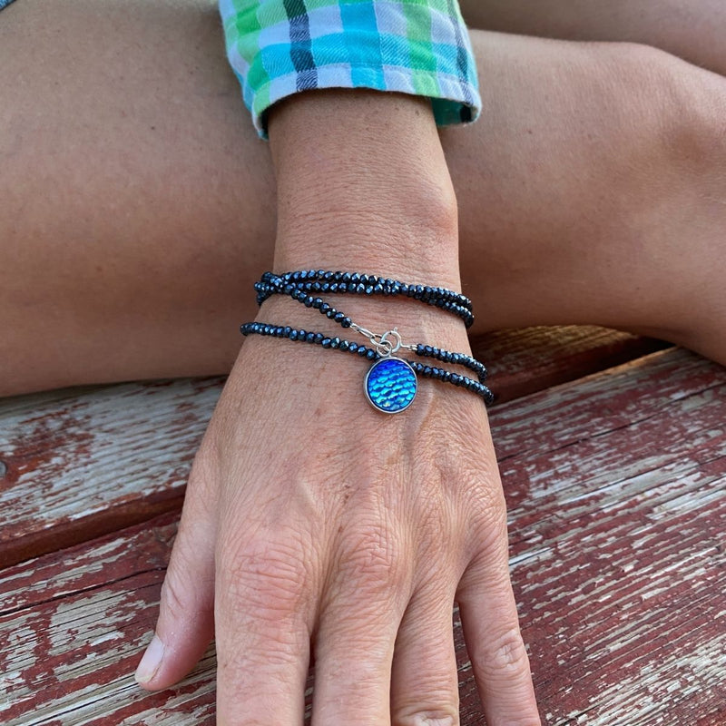Be a Mermaid and Make Waves - Ocean Lovers Midnight Dark Sparkly Wrap Bracelet with Fish Scale Druzy Cabochon