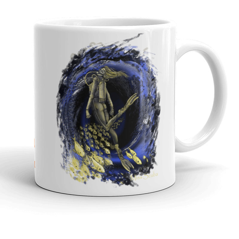 Miss Scuba Underwater Vortex Cafe Mug, so that you can dream about scuba diving event at the office.