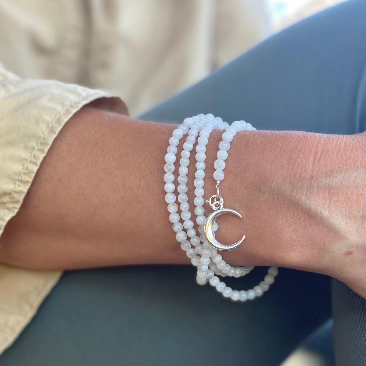 Moonstone Wrap Bracelet with a Crescent Moon Charm to Remind Us of Our Shadow Side