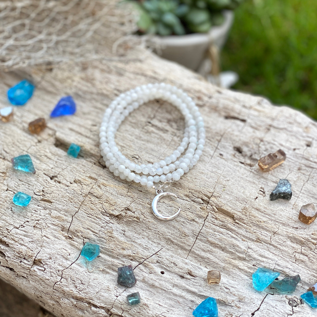 Moonstone Wrap Bracelet with a Crescent Moon Charm to Remind Us of Our Shadow Side
