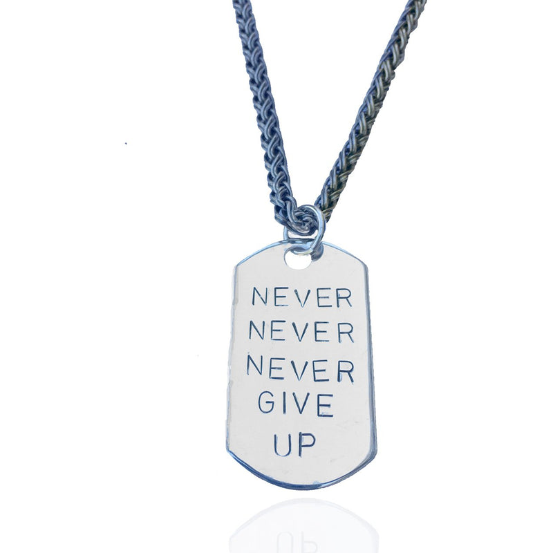 Never Give Up Business Style Sterling Silver Dog Tag Necklace