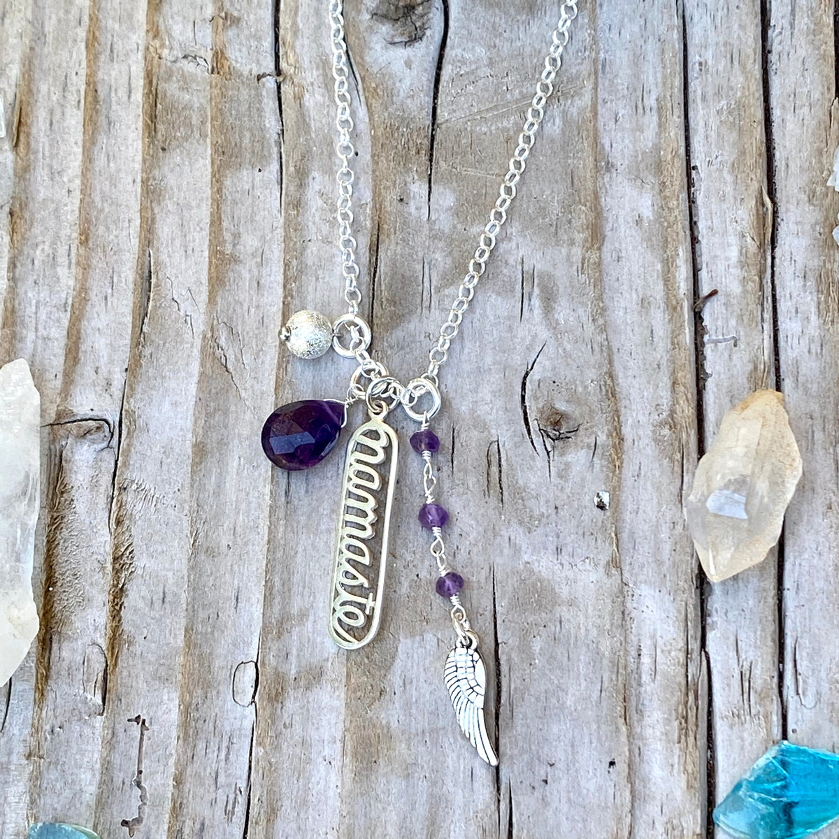 Sterling Silver Spiritual Namaste Yoga Necklace with Angel Wing and Amethyst