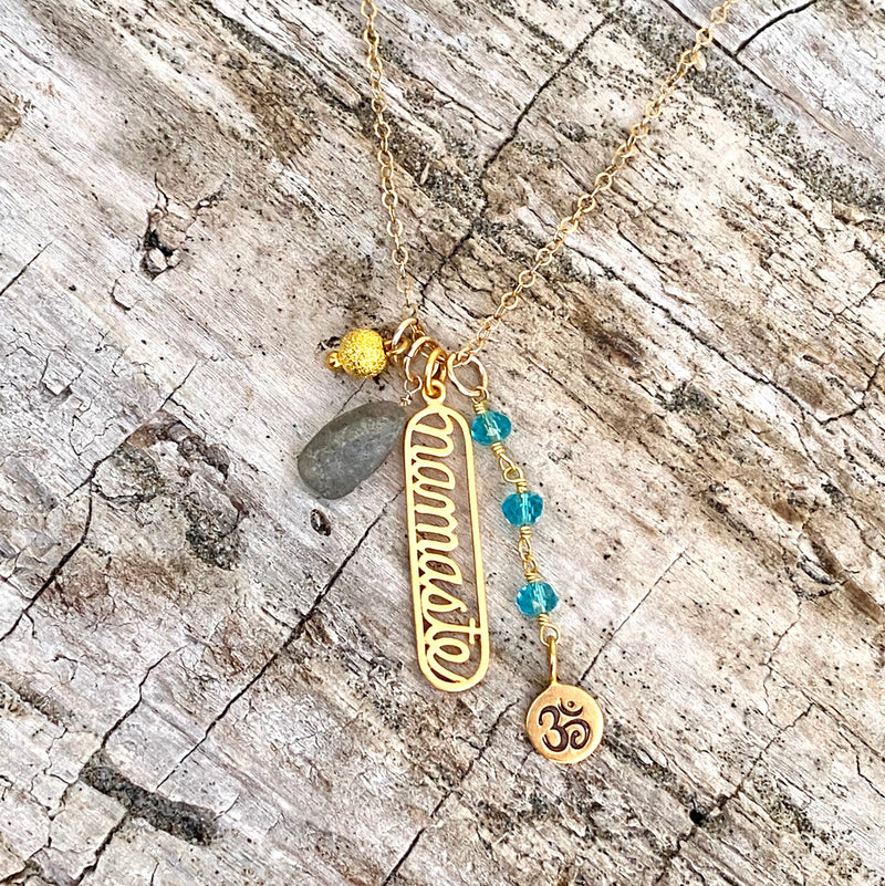 Gold Filled Spiritual Namaste Yoga Necklace with Aquamarine