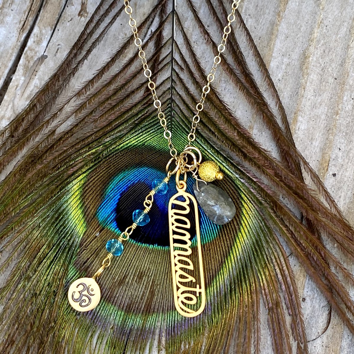 Gold Filled Spiritual Namaste Yoga Necklace with Aquamarine, Ohm and Rutilated Quartz Charms