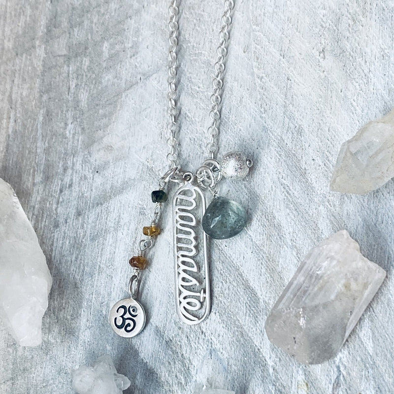 Sterling Silver Spiritual Namaste Yoga Necklace with Ohm and Aqua Moss Charms