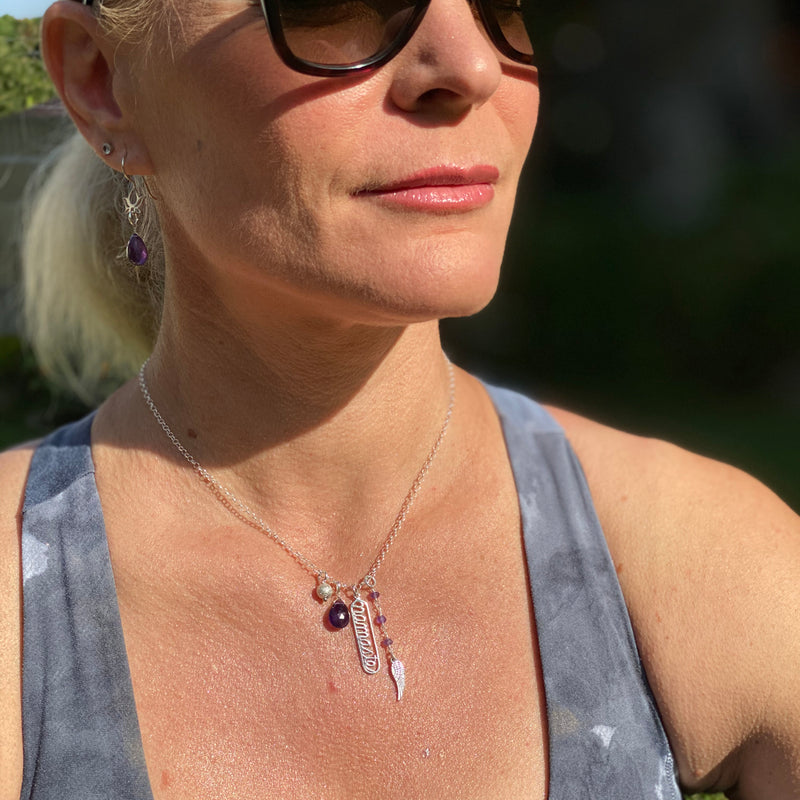 Sterling Silver Spiritual Namaste Yoga Necklace with Angel Wing and Amethyst