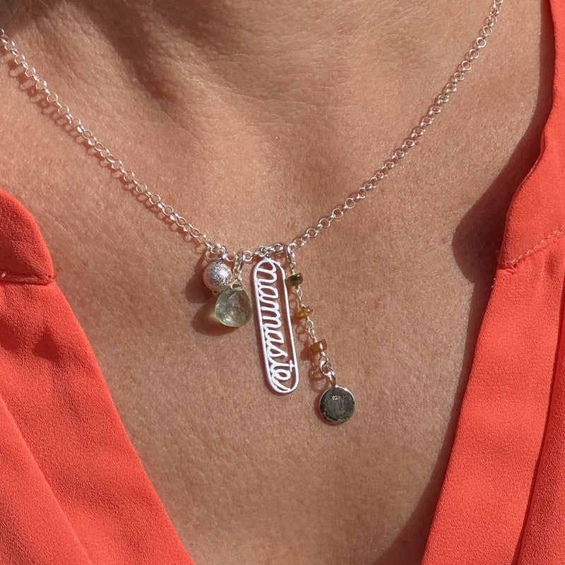Sterling Silver Spiritual Namaste Yoga Necklace with Ohm and Aqua Moss Charms﻿