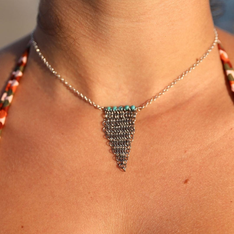Repurposed Shark Chainmail Suit Necklace with Turquoise and Sterling Silver - Short version