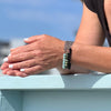 Neptunic SharkSuit Bracelet Stack with African Turquoise, Amazonite and Onyx - Sustainable Fashion for Ocean Lovers. Neptunic loved Szilvia Gogh's Zero Waste Project (upcycled jewelry made of used scuba gear) parts and asked her to repurpose their chainmail accumulated during Sharksuit fabrication, into gorgeous pieces of handcrafted sustainable jewelry. 