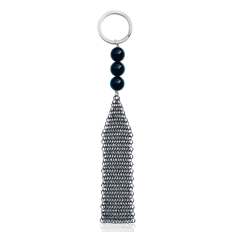 Neptunic SharkSuit Keychain with Onyx - Sustainable Fashion for Ocean Lovers. Onyx helps one have self-control. Stainless Steel Chainmail connects to beautiful gemstone beads. This unisex keychain is  constructed with unused pieces of Stainless Steel Mesh from Neptunic SharkSuits. 