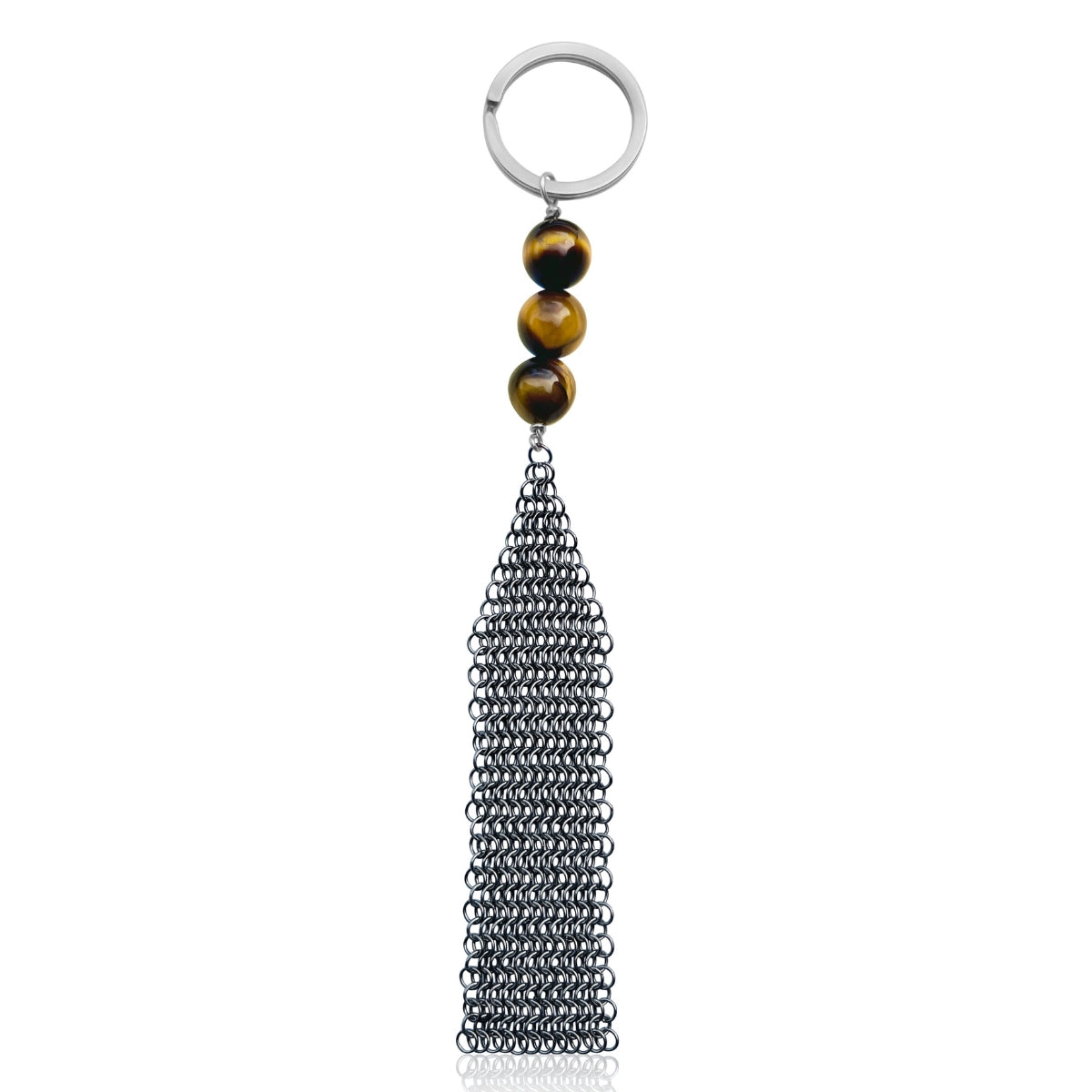Neptunic SharkSuit Keychain with Tiger Eye - Sustainable Fashion for Ocean Lovers. Get Grounded with this Tiger Eye Keychain. Stainless Steel Chainmail connects to beautiful gemstone beads. This unisex keychain is  constructed with unused pieces of Stainless Steel Mesh from Neptunic SharkSuits. 