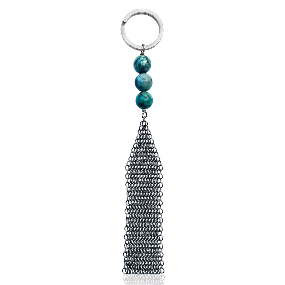 Neptunic SharkSuit Keychain with Turquoise - Sustainable Fashion for Ocean Lovers. Turquoise is believed to bring luck. Stainless Steel Chainmail connects to beautiful gemstone beads. This unisex keychain is  constructed with unused pieces of Stainless Steel Mesh from Neptunic SharkSuits. 