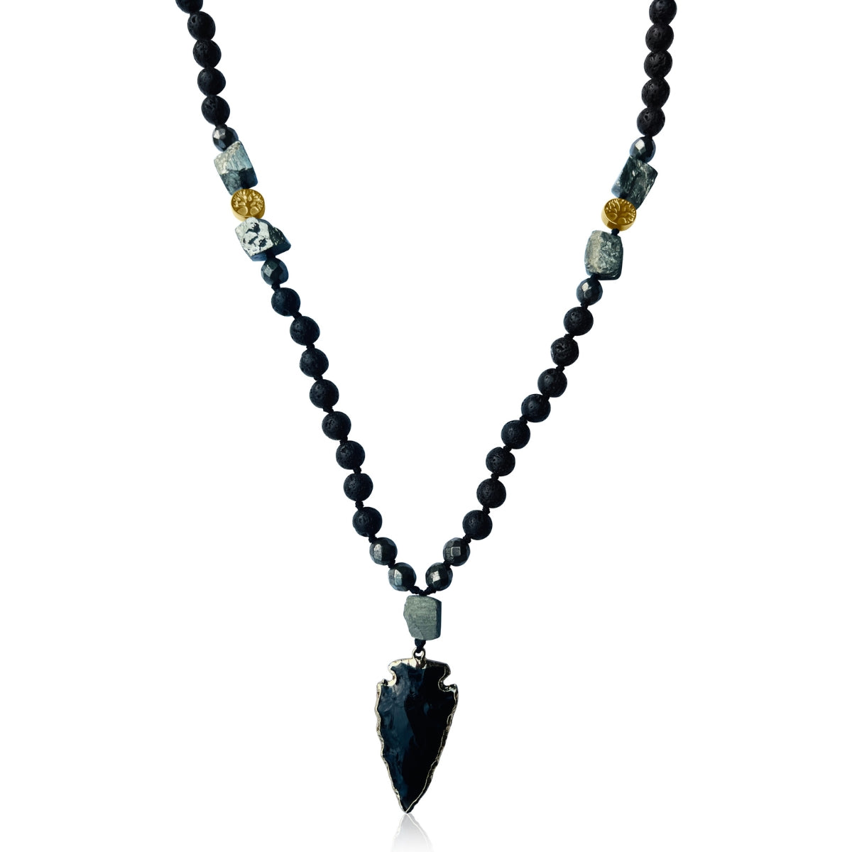 Shield Against Negativity Obsidian Arrowhead on Lava and Pyrite Necklace