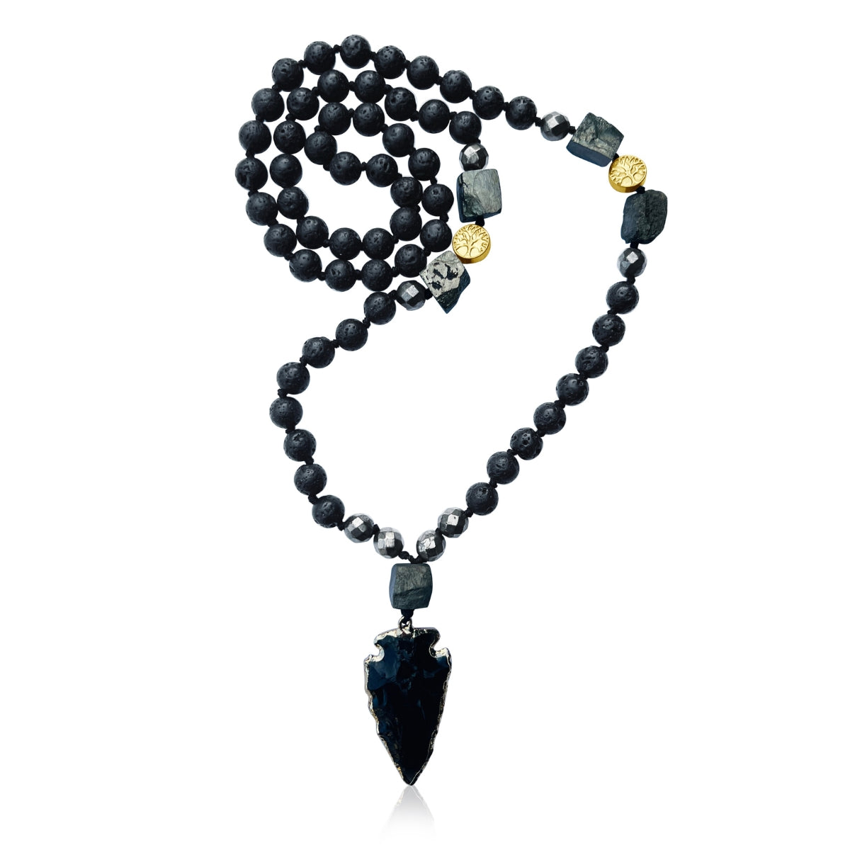 Shield Against Negativity Obsidian Arrowhead on Lava and Pyrite Necklace