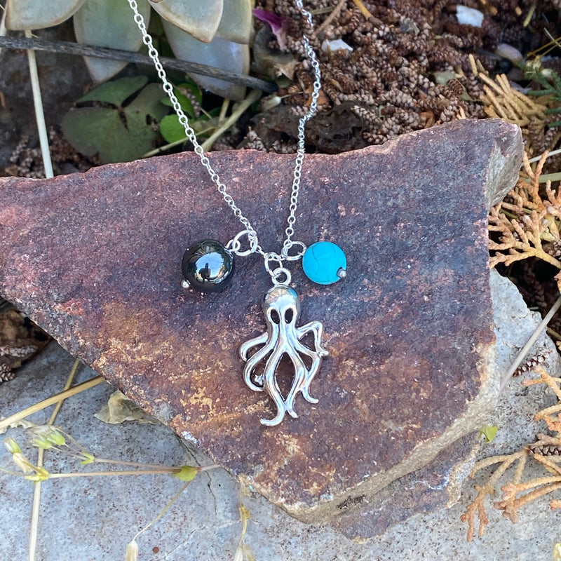 Octopus Ocean Charm Necklace with Hematite and Turquoise