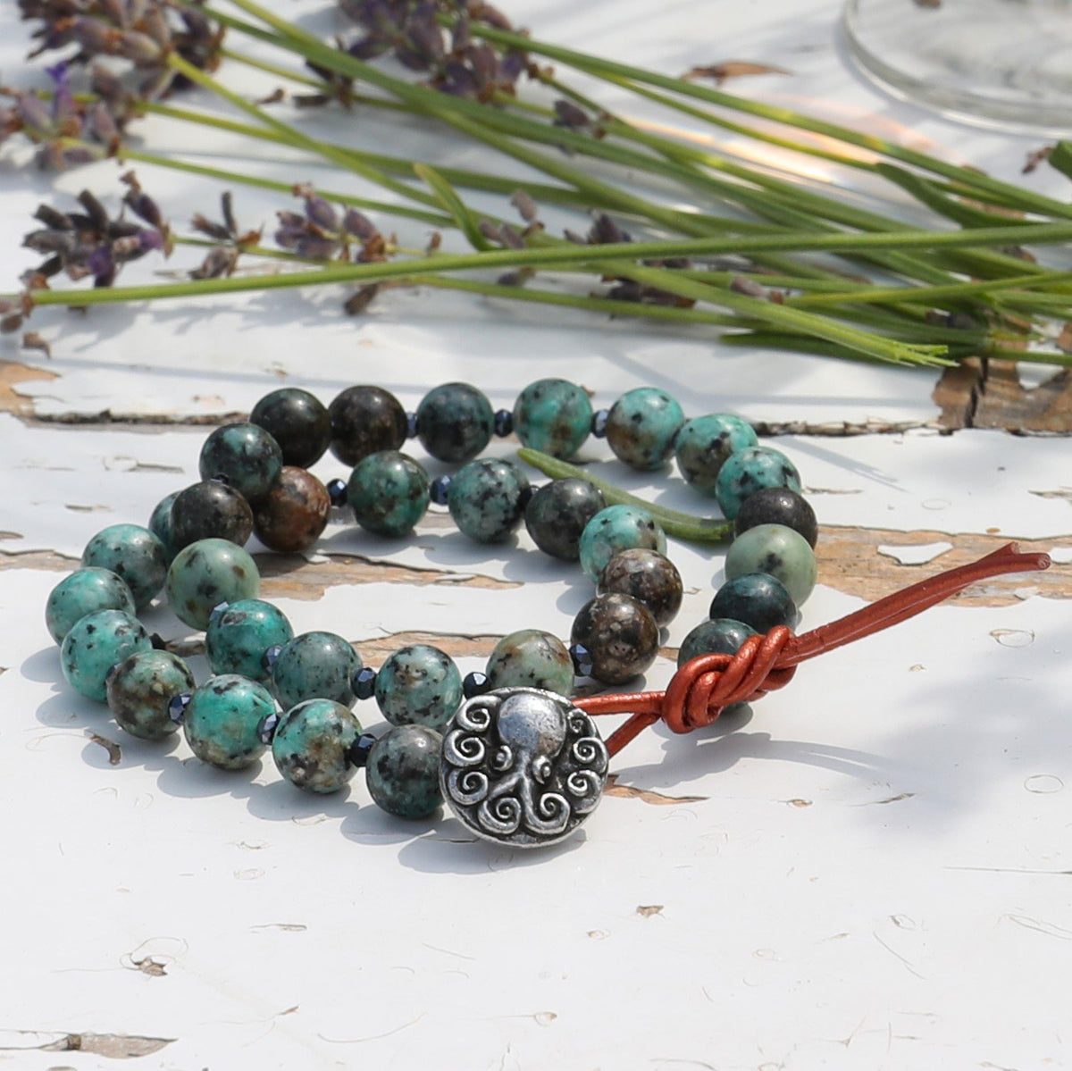 African Turquoise and Matte Tigers Eye Healing Crystal Leather Wrap Men's  Bracelet