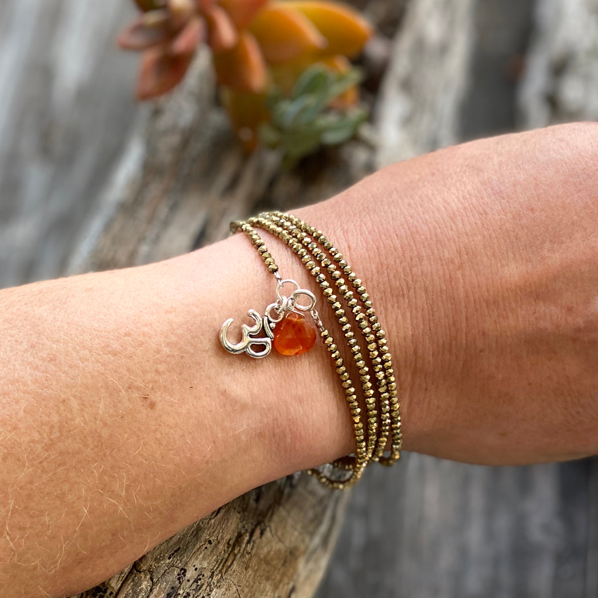 Yoga inspired Protective Golden Shade Crystal Wrap Bracelet with Ohm and Carnelian Charms