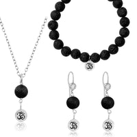 Sterling Silver Yoga Inspired Ohm Jewelry Set with Lava Stone to Hear the Sound of the Universe