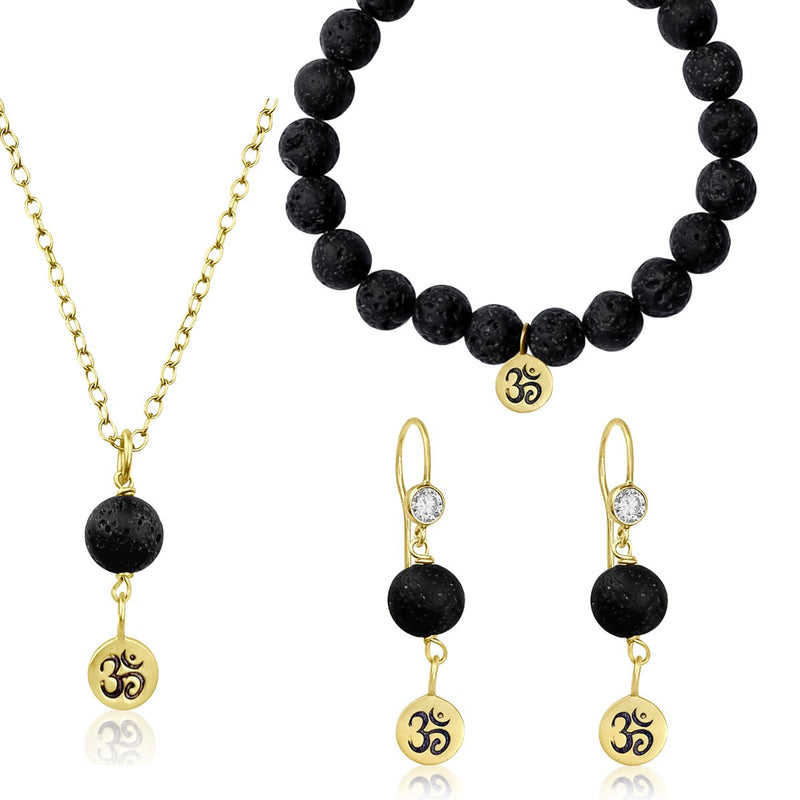 Yoga Inspired Gold Ohm Jewelry Set with Lava Stone to Hear the Sound of the Universe