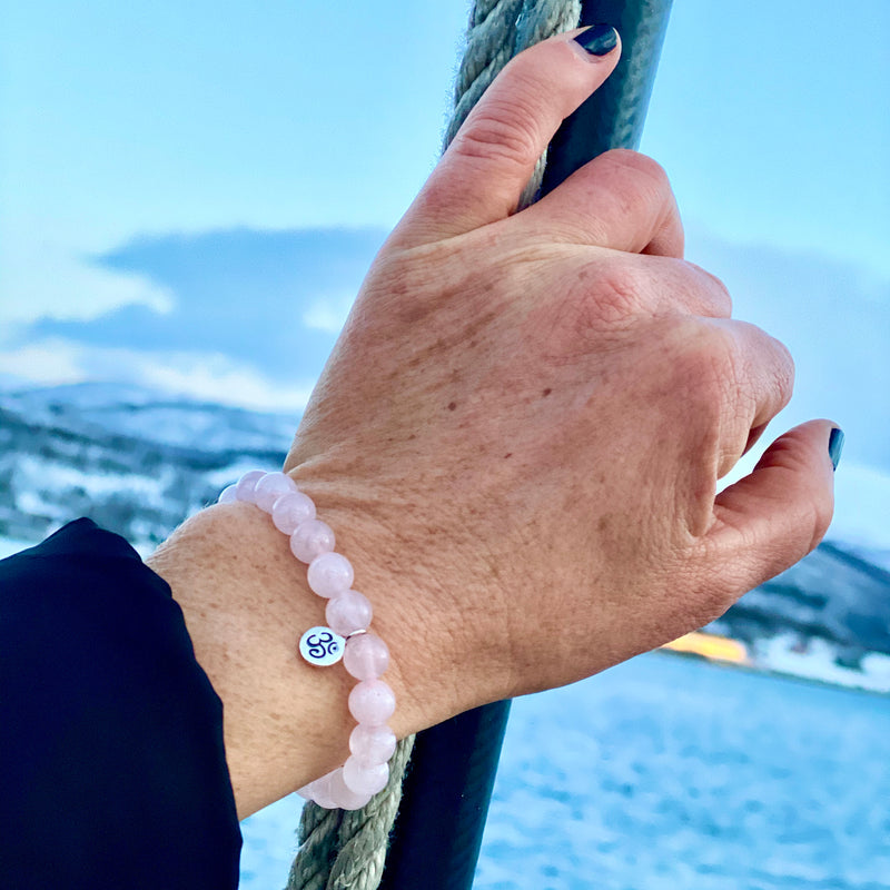 Yoga Inspired Rose Quartz Bracelet with Ohm Charm to Hear the Sound of the Universe