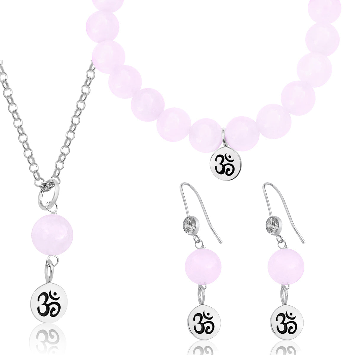 Sterling Silver Yoga Inspired Ohm Jewelry Set with Rose Quartz