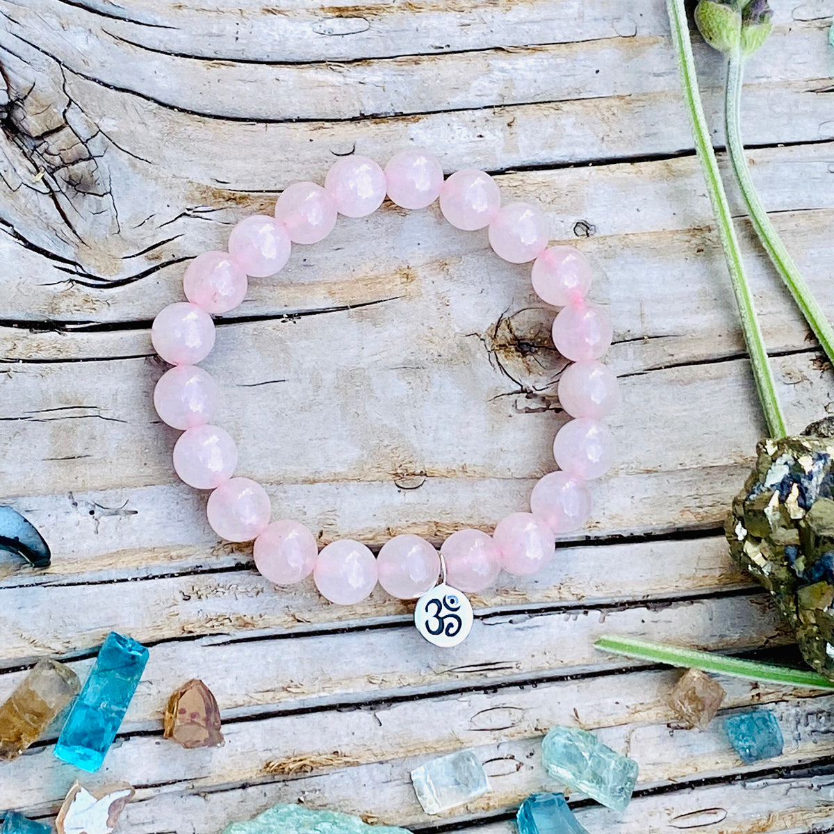 Sterling Silver Yoga Inspired Ohm Necklace with Rose Quartz