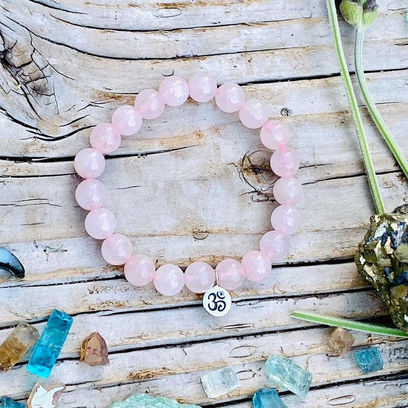 Sterling Silver Yoga Inspired Ohm Jewelry Set with Rose Quartz to Hear the Sound of the Universe
