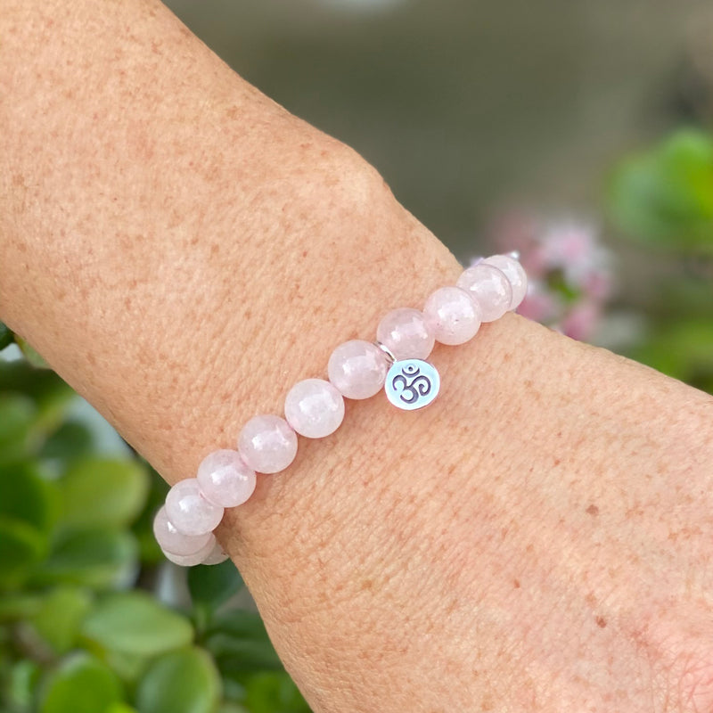 Yoga Inspired Rose Quartz Bracelet with Ohm Charm to Hear the Sound of the Universe
