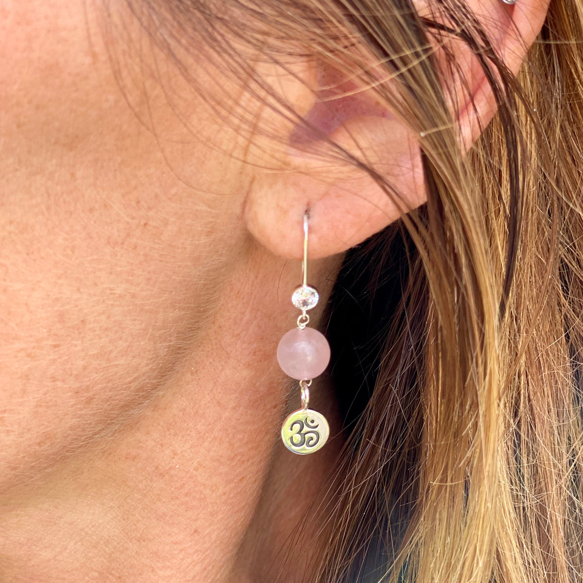 Sterling Silver Yoga Inspired Ohm Jewelry Set with Rose Quartz to Hear the Sound of the Universe