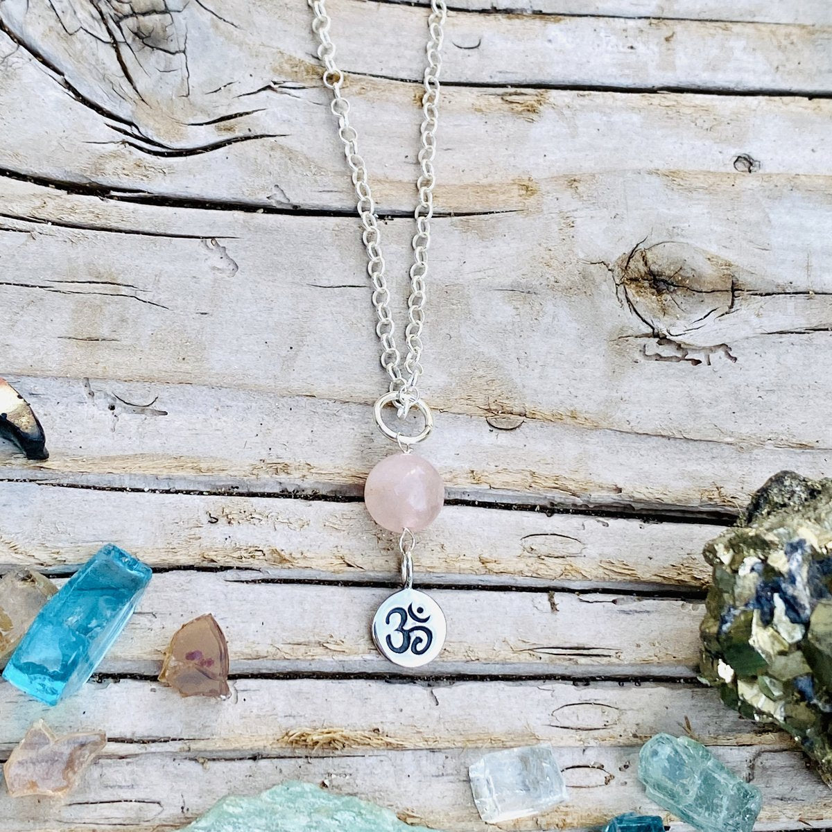 Sterling Silver Yoga Inspired Ohm Necklace with Rose Quartz to Hear the Sound of the Universe